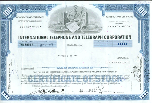 International Telephone & Telegraph Stock Cert 1972