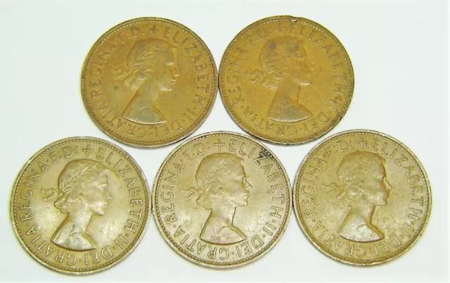 Lot of 5 Rare Elizabeth II British One Penny Coins 1963 1964 1966