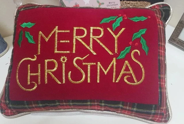 Vintage Decorative Plaid Christmas Cushion By Past Times Small Pillow .12” x 8”