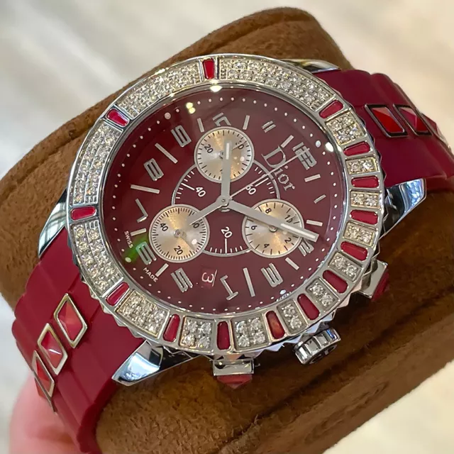 Christian Dior Christal Red Sapphire Diamond Bezel Stainless Chronograph Watch