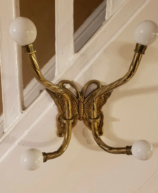 3 Vtg Brass Butterfly 4 Hook Porcelain Knobs Wall Mount Coat Hanger Gold