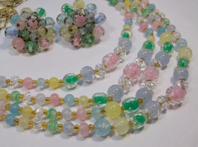 Vintage Signed JAPAN Pastel Glass Beads Retro Necklace & Clip On Earrings Set