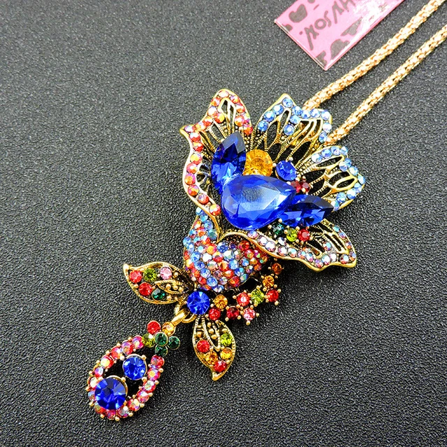 Betsey Johnson Bling Blue Exquisite Enamel Flower Crystal Pendant Women Necklace 2