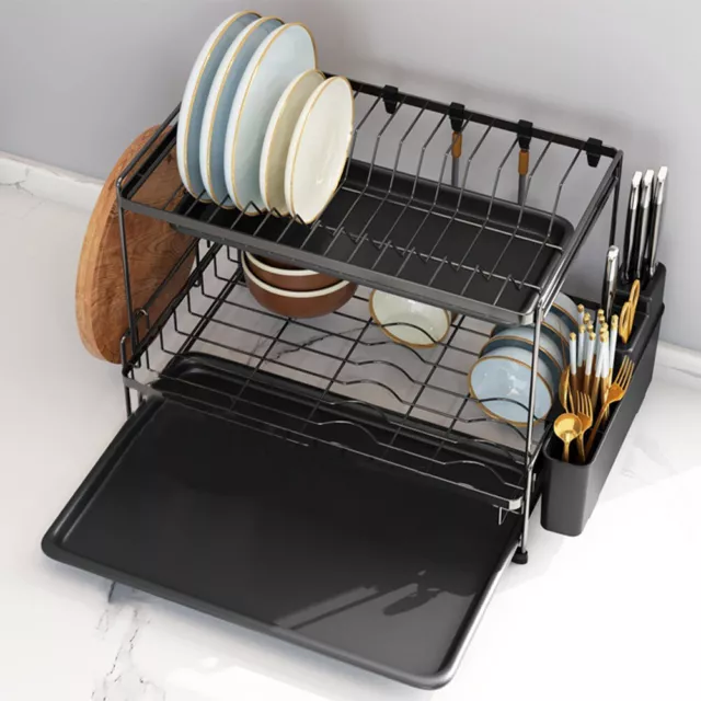 2 Tiers Kitchen Dish Drainer Rack Removable Drip Tray Knife Cutlery Holder Tidy