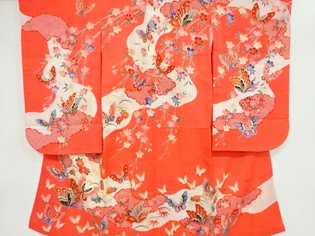 44741# Japanese Kimono / Antique Kimono For Girls / Sakura & Butterflies Wit