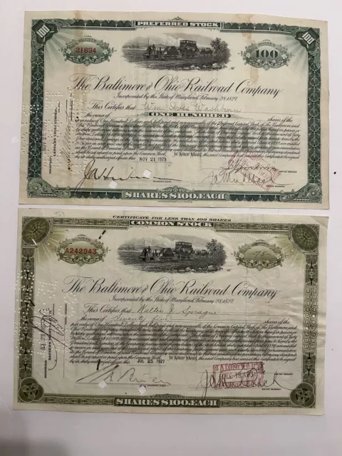 baltimore and ohio railroad company stock shares 1920s 100 And 75 Shares