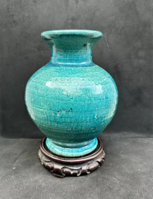 ❤️Antique Chinese Turquoise Crackle Vase Glaze Qing Dynasty 💙
