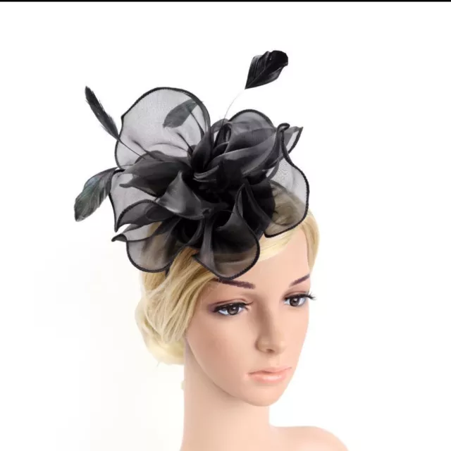 Black Feather Silk Fascinator Hat Hair Clip Head Band Wedding Tea Cocktail Party