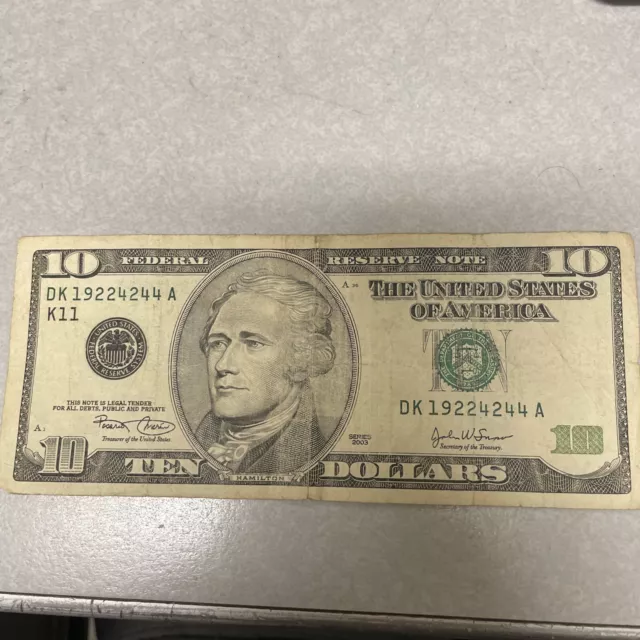 2003 Rare $10 Ten Dollar Bill Federal Reserve Note  Vintage