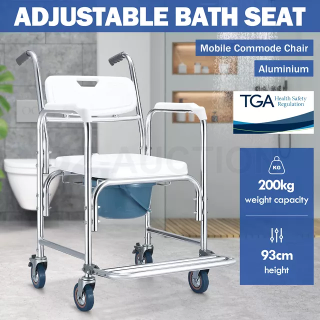 Mobile Shower Toilet Commode Chair Bath Wheelchair Bathroom Stool Bedside Seat