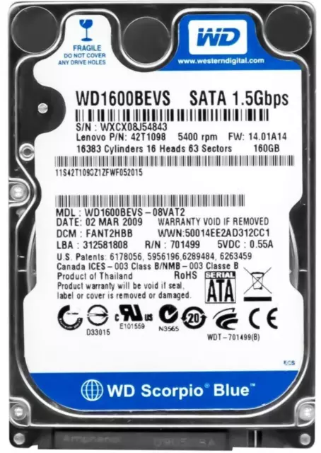 Disque Dur WD Bleu Scorpio WD1600BEVS 160GB 5400U/Min SATA II 8MB 2.5'' Pouces