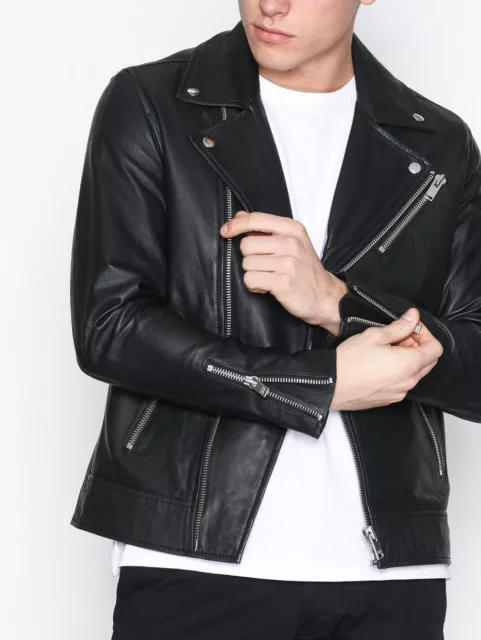 New Black Leather Jacket Men Biker Moto Racer Pure Lambskin Size S M L XL XXL