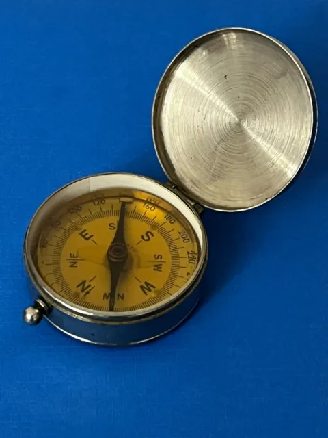 Vintage Nickel Flip Cover Pocket Compass Closed Face West German leather bottom