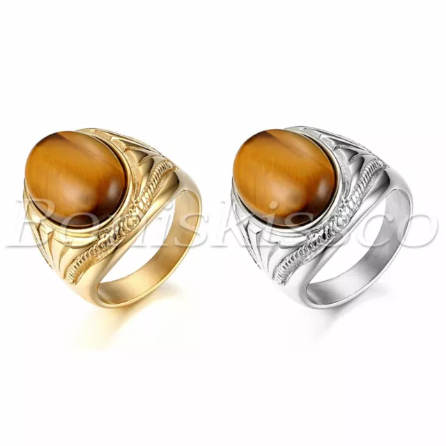 Men's Retro Gold Plated Stainless Steel Oval Tiger's Eye Stone Ring Band #7-13
