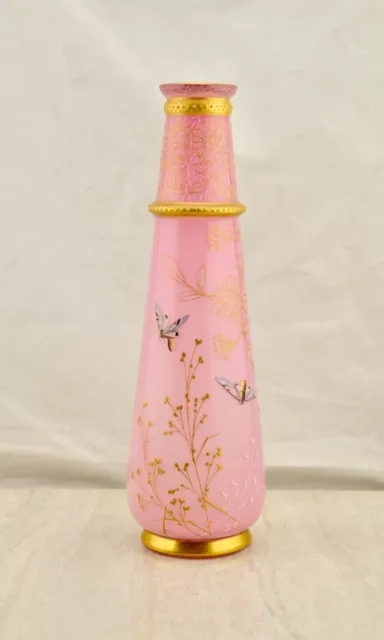 Antique C.1880s Victorian Thomas Webb gilt & enamel insect pink glass large vase