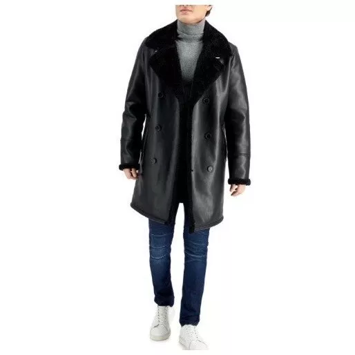 Guess Men's Long Pleather Double Breasted Coat with Faux Shearling Cuff XL New