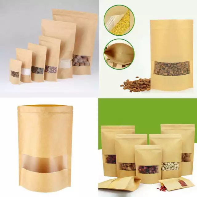 50 Piece Kraft Paper Bag with Clear Window Empty Self Sealing Stand up Bags