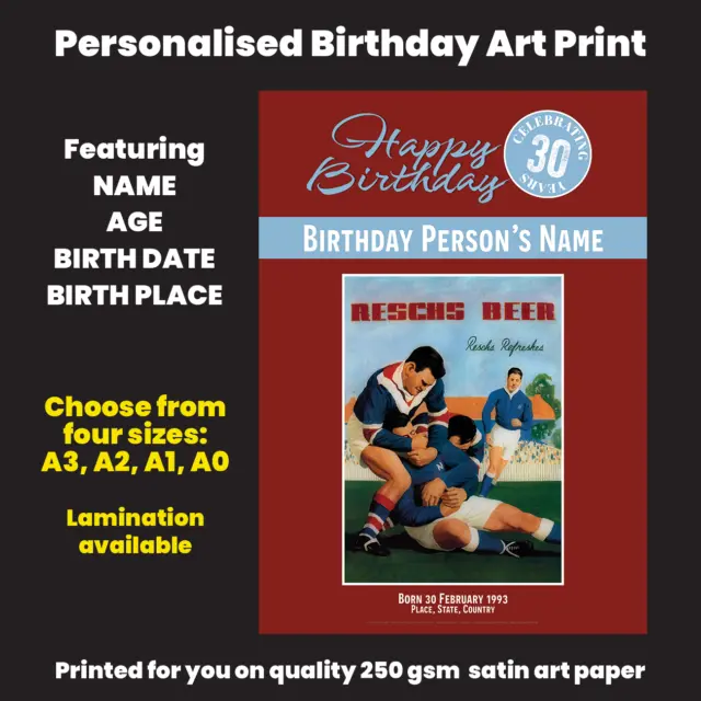 Birthday Reschs Beer Personalised Art Print - Footballers Headlock - 4 sizes