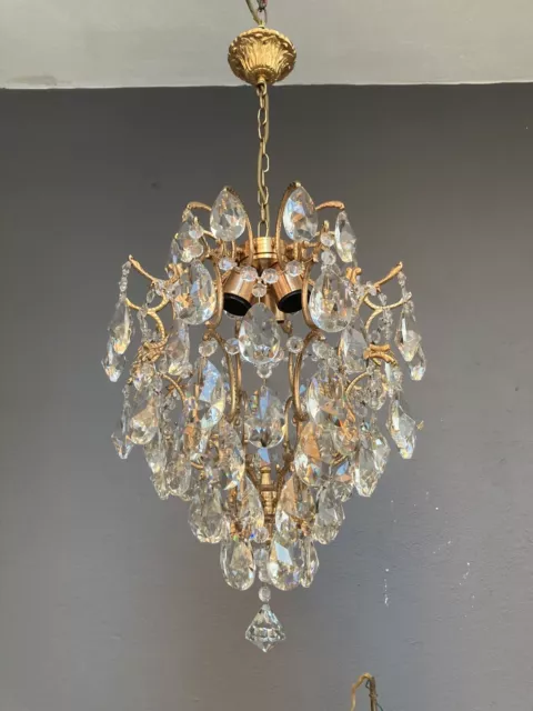 Antique French Huge Bohemia Crystal Cage Model Chandelier Ceiling Lamp 1940's