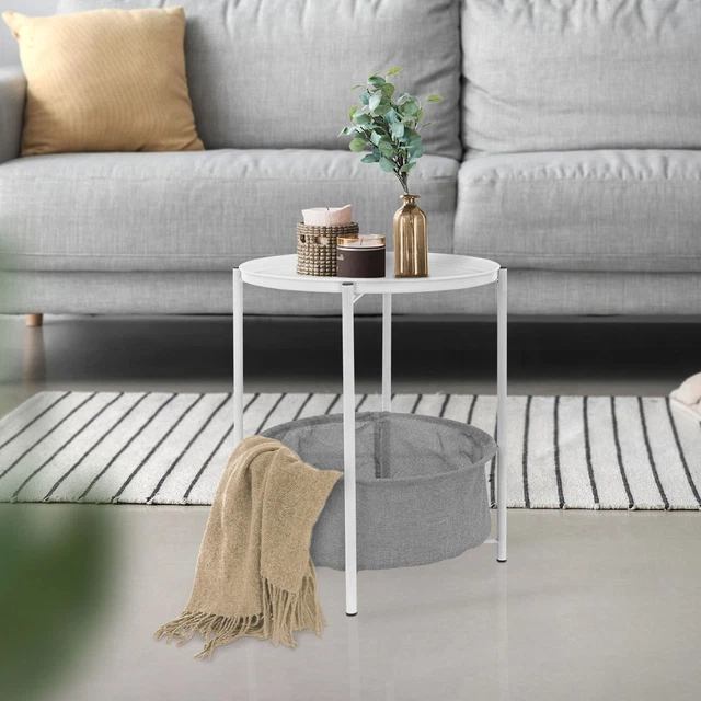 Mesa auxiliar con cesta de almacenaje blanca mesita de centro sofá Ø46x51 cm