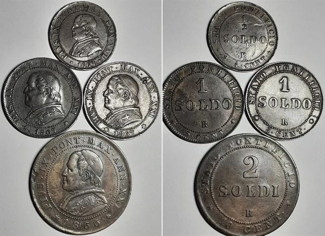 V. RARE GRADE, ITALIAN STATES-PAPAL, 1866 to 1867, 1/2,1,2 SOLDI, 4 COPPER COINS V. RARE GRADE, ITALIAN STATES-PAPAL, 1866 to 1867, 1/2,1,2 SOLDI, 4 COPPER COINS