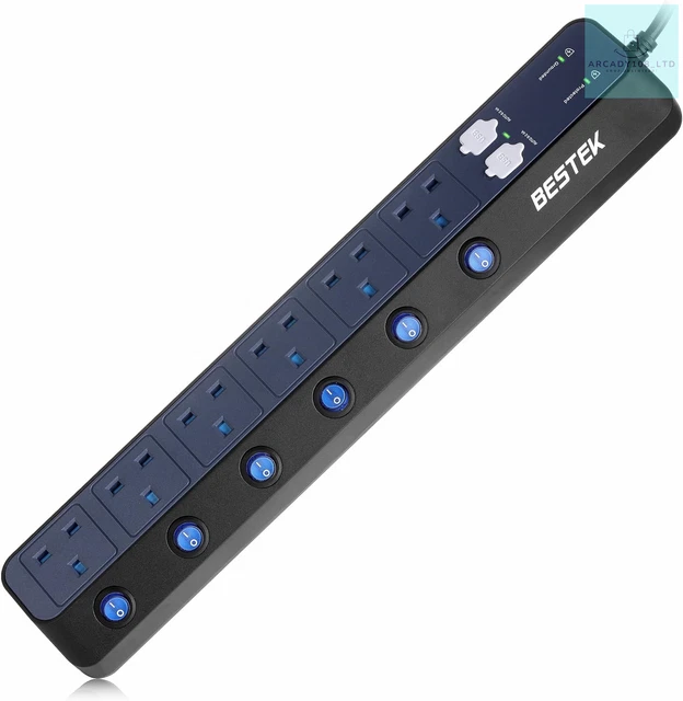 BESTEK INDIVIDUALLY SWITCHED Extension Lead 6 Way Plug Socket 900J ...