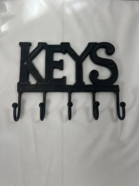 Vintage Cast Iron Wall Mount Key Holder with 5 Metal Hooks "KEYS" 