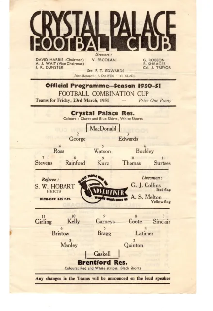 Crystal Palace v Brentford Reserves Programme 23.3.1951 Combination Cup