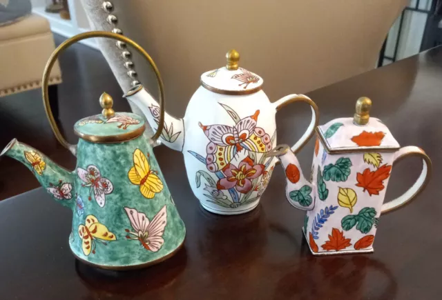 VTG Miniature Enamel BUTTERFLIES LEAVES TEAPOT Trinket Boxes ~ Beautiful