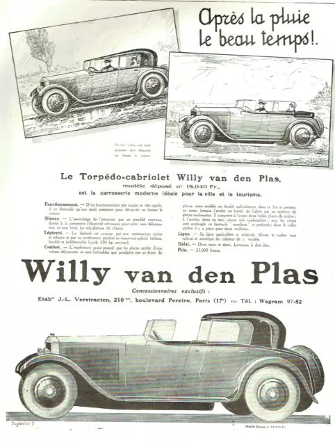 Advertising AD 0123 1925 Willy Van Den Plas Torpedo Convertible