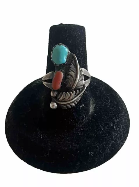 Vtg Old Pawn Sterling Silver Turquoise Coral Navajo Feather Ring Indian Sz6.25