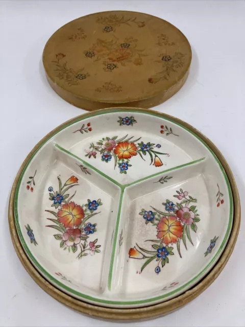 Vintage Japan Moriyama Mori-Machi Hand Painted Divided Plate And Original Box