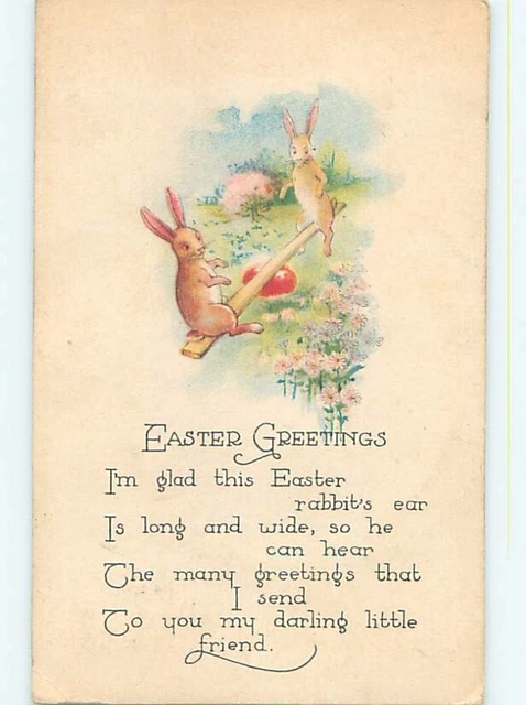 Pre-Linen easter HUMANIZED BUNNY RABBITS PLAY ON TEETER TOTTER k2584