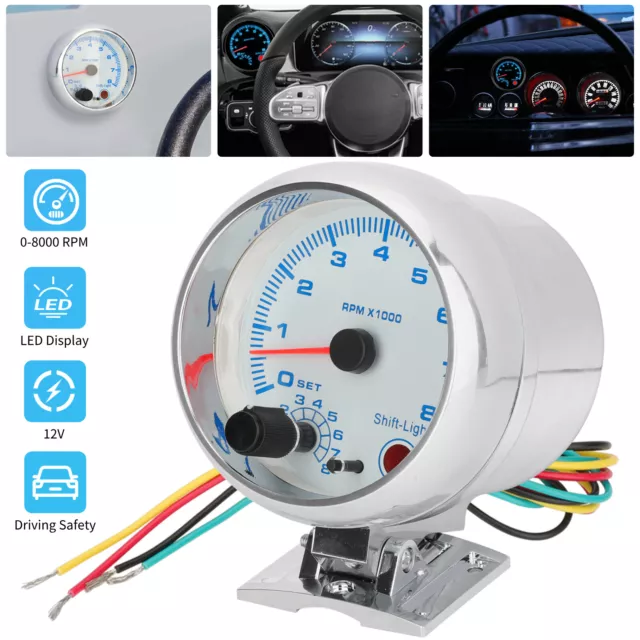 3.75" 12V Car Tachometer Gauge Meter 0-8000 RPM With LED Shift Light Universal