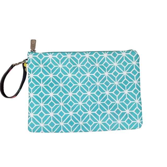 Trina Turk Cosmetic Bag Teal Blue Zip Top Wristlet Strap 11.5 x 8
