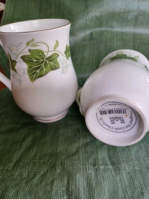 Set of 2 Fine English Bone China Mugs, Staffordshire, footed, Ivy Leaf Design