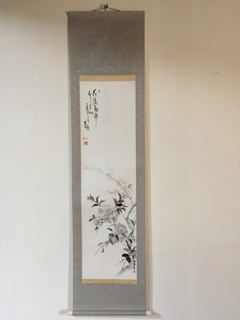 G0795 Japonés Vintage Colgante Rollo Kakejiku Mano Pintura Papel Flor Singed