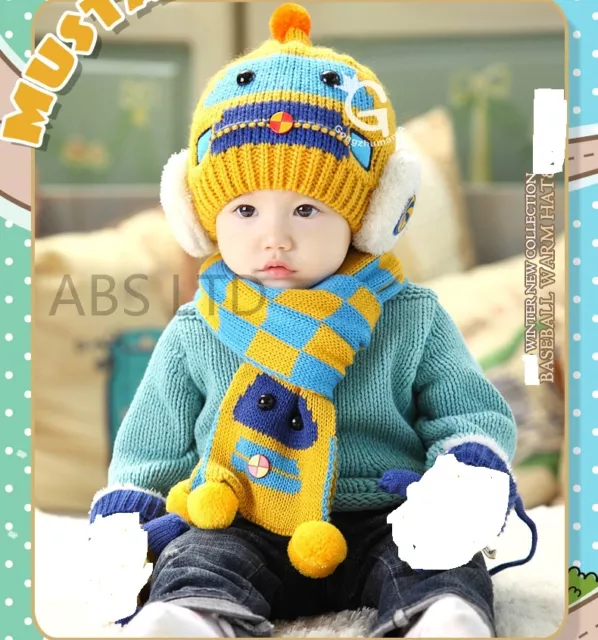 Auto Baby Jungen Mädchen Kinder Winter warme Hüte Schal und Kappe Set Ohrklappe Beanie Geschenk 3