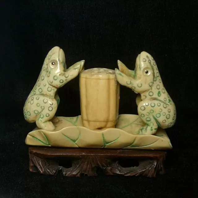 Collection Old Chinese Hand-carved Frog Statue lotus root Decoration Wood Stand