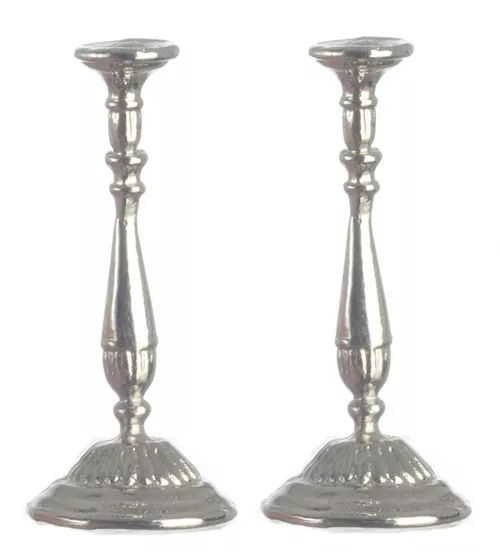 One Pair of Slender Silver Candlesticks, Dolls House Miniature 1.12 Scale