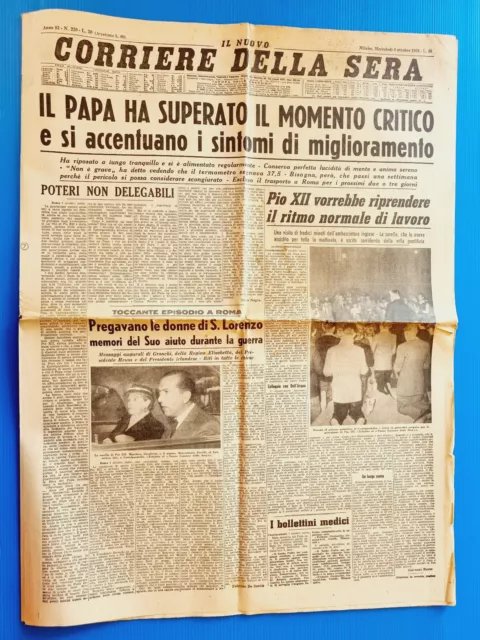 Corriere Della Sera 8 Ottobre 1958 Papa Pio Xii - Piazza San Pietro Vaticano