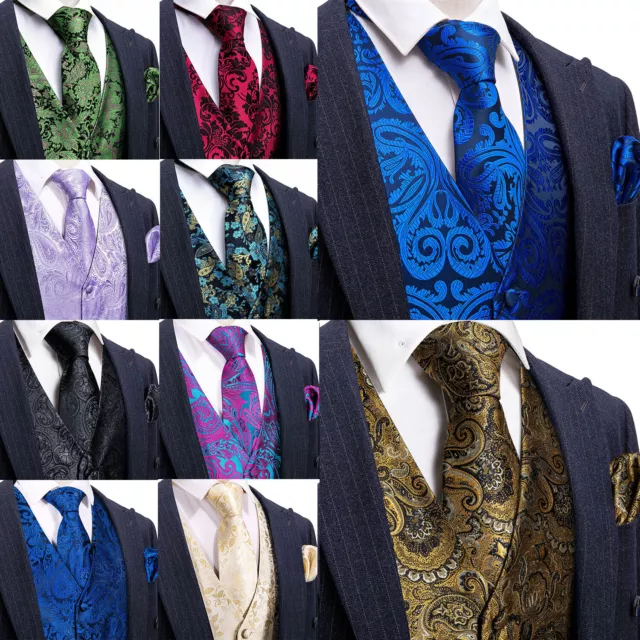 Mens Formal Wedding Waistcoat Floral Paisley Suit Vest Slim Tuxedo Silk Tie Set