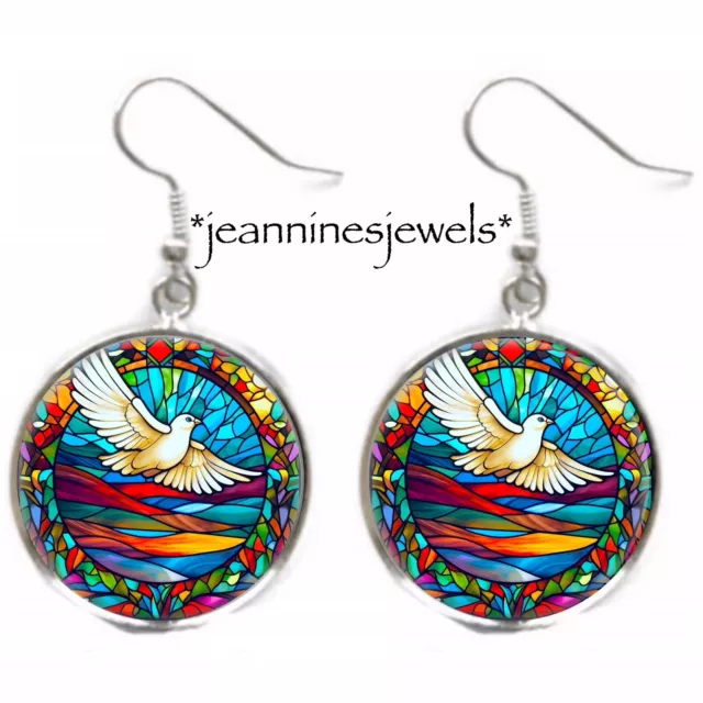 Dove Earrings Simulated Stained Glass ART PRINT Holy Spirit Silver Charm Dangle