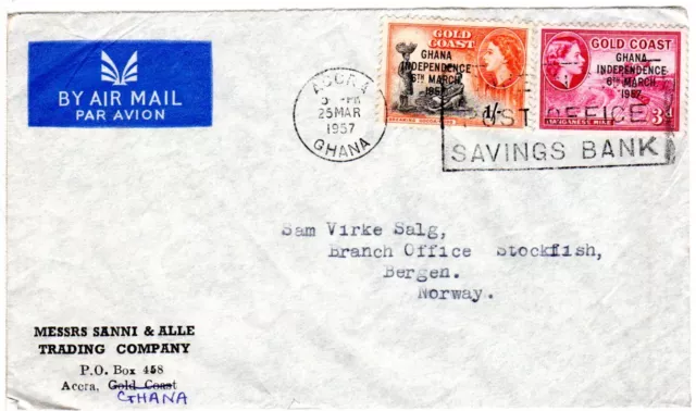 Gold Coast 1957, 3d+1 Sh. Ghana auf Luftpost Brief v. Accra n. Norwegen