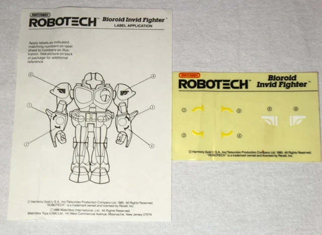 Matchbox Robotech Bioroid Invid Fighter Instruction Sheet and Decal labels 1985
