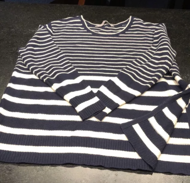 Athleta Size XL Side Slit Pullover Sweater Navy Blue White Stripes Wool Blend