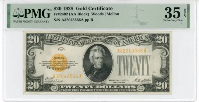 NobleSpirit No Reserve US Fr 2402 1928 $20 Gold Certificate PMG 35