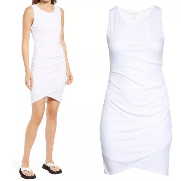 Nordstrom Ruched Side Sleeveless Dress White Size XS Crossover Hem Minimalist