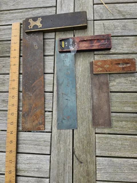 3 Vintage Carpenters Set Square. Brass and Wood. 12", 9" & 6" Stanley, Brown.