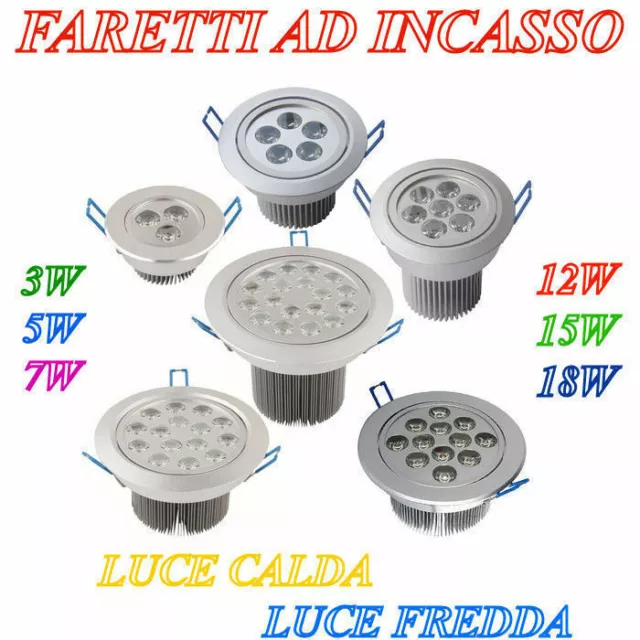 Faretto A Led 3W 5W 7W 12W 15W 18W Da Incasso Con Alette Molla Luce Fredda Calda